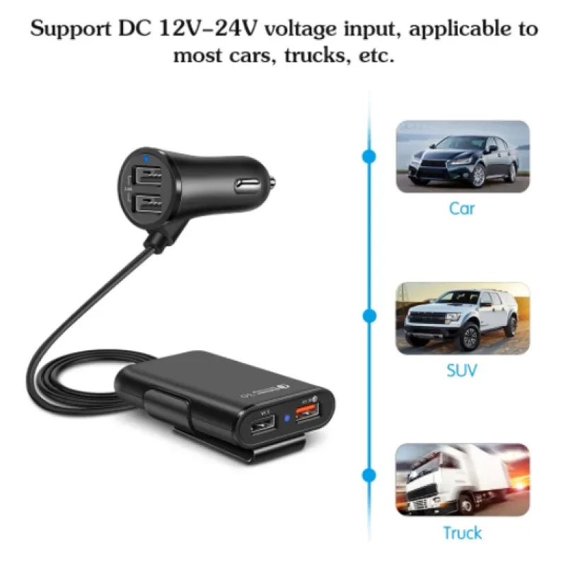 VAORLO 4-Port USB Car Charger 36W QC3.0 Fast Charging Hub