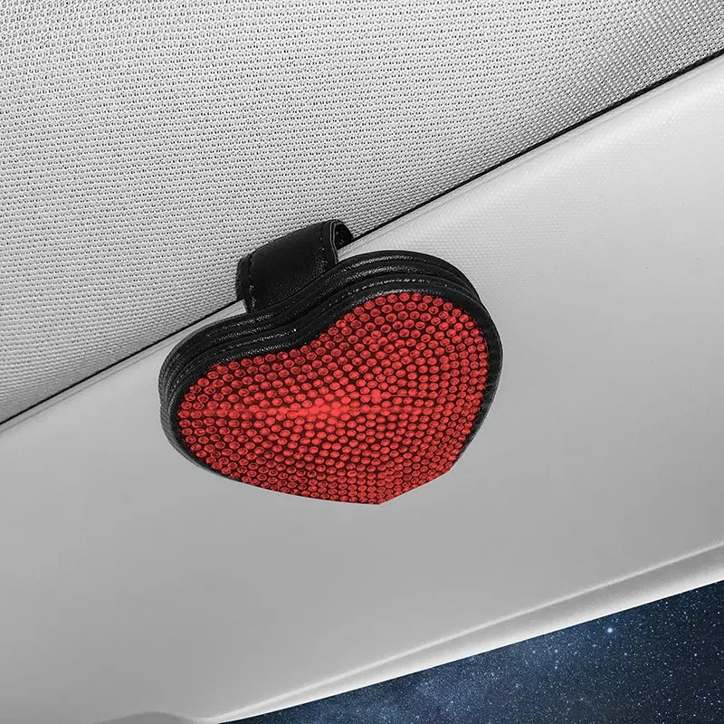 Diamond Car Sun Visor Glasses & Ticket Clip – PU Leather Holder