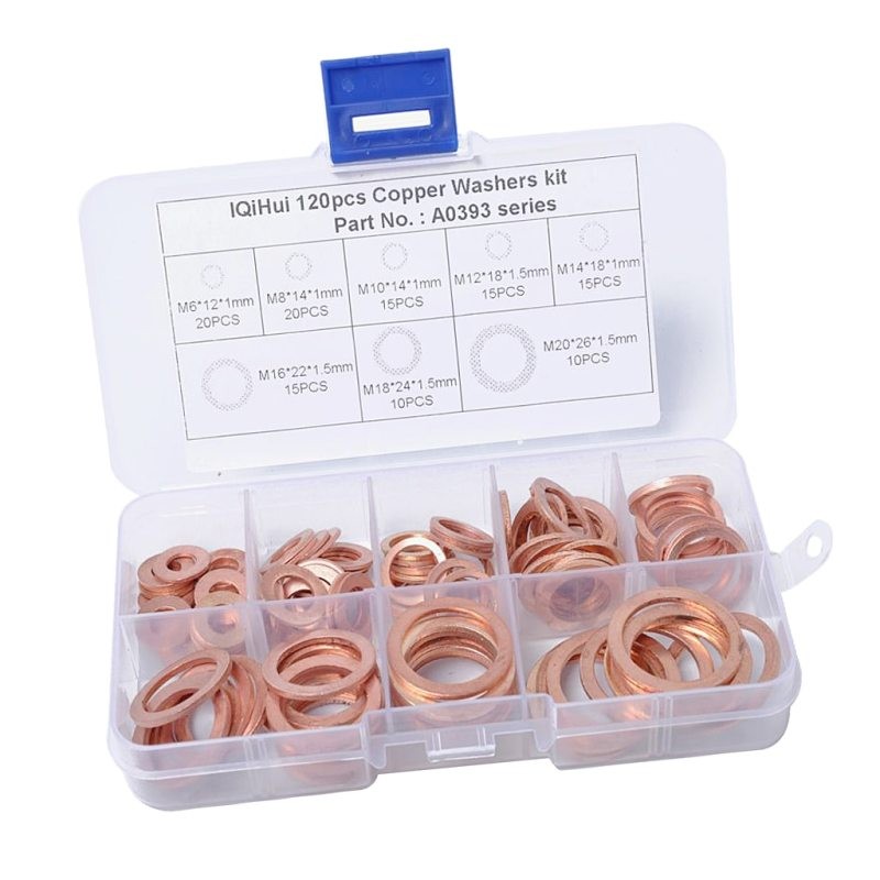 120pcs Pure Copper Gasket Set – M5–M20 Sealing Washers Kit