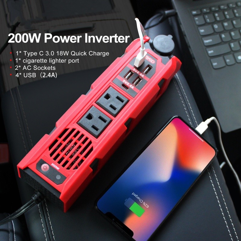 200W Car Power Inverter 12V to 110V – USB & Type-C Fast Charging