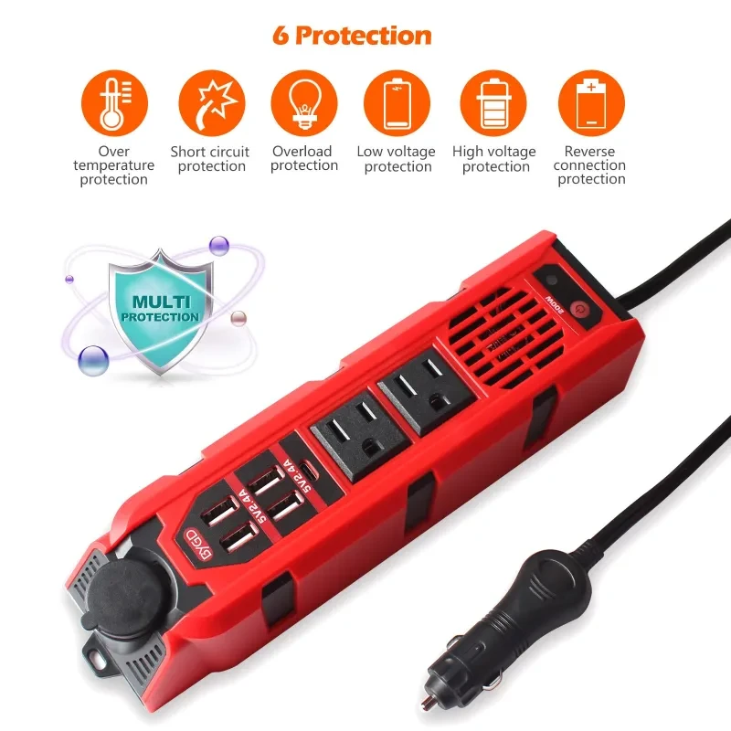 200W Car Power Inverter 12V to 110V – USB & Type-C Fast Charging