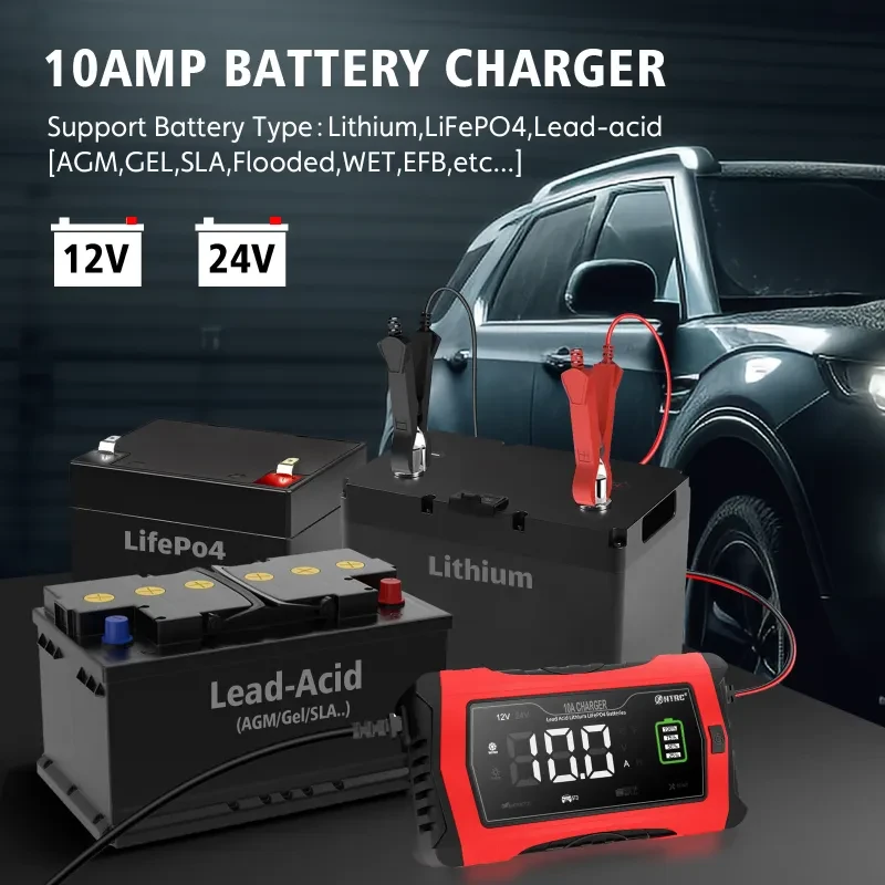 Car & Motorcycle Battery Charger – EU Plug, Red-Black Design
