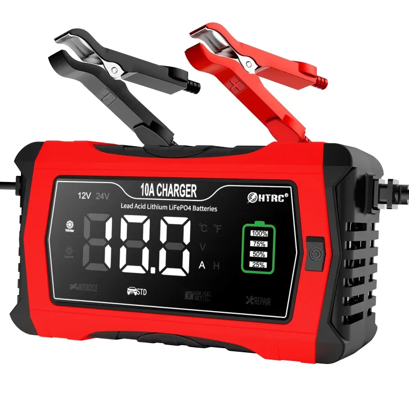 Car & Motorcycle Battery Charger – EU Plug, Red-Black Design