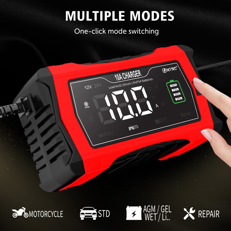 Car & Motorcycle Battery Charger – EU Plug, Red-Black Design