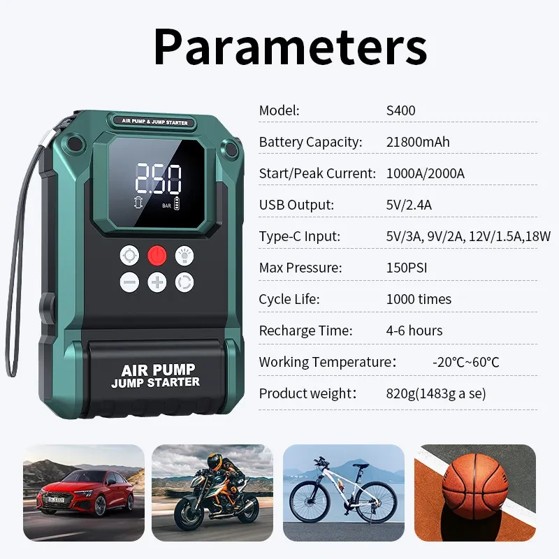 Emergency Car Jump Starter & Tire Inflator – 8000mAh Power Bank