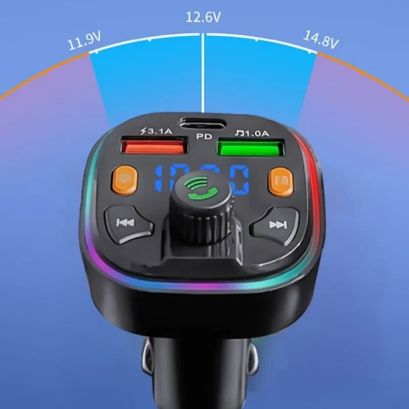 Car FM Transmitter with Fast Charging & Blue Ambience Light