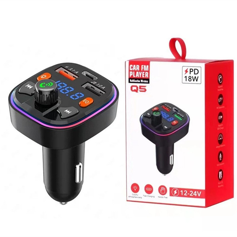Car FM Transmitter with Fast Charging & Blue Ambience Light