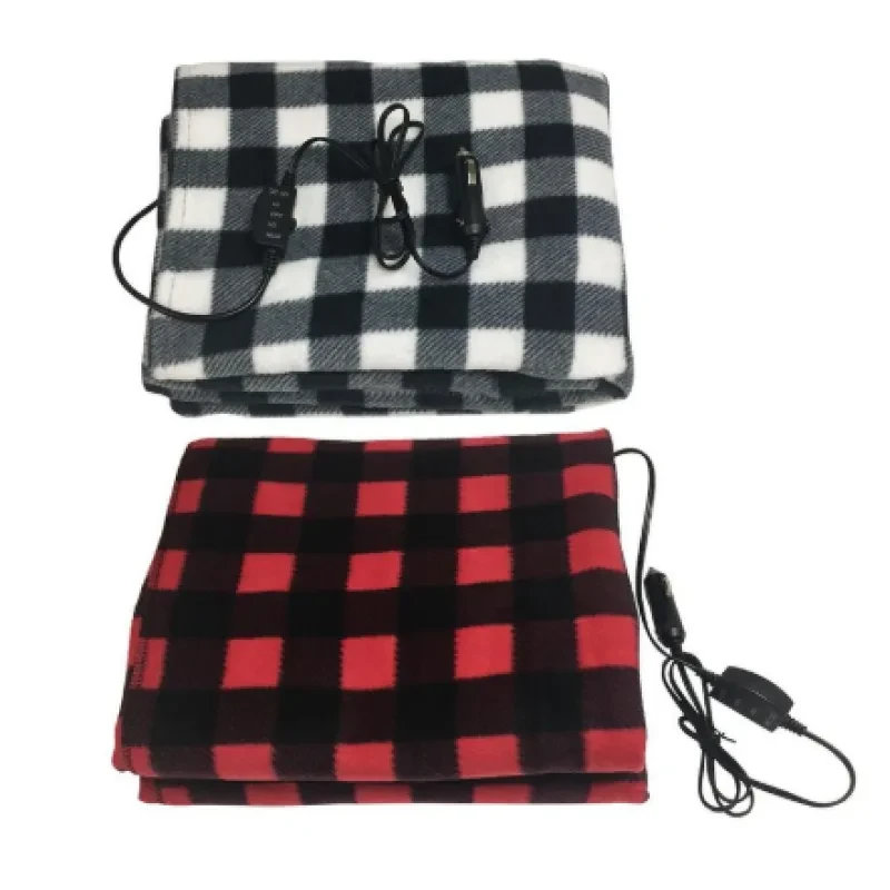 12V Heated Car Blanket – Red Plaid Fleece for Winter Travel Comfort