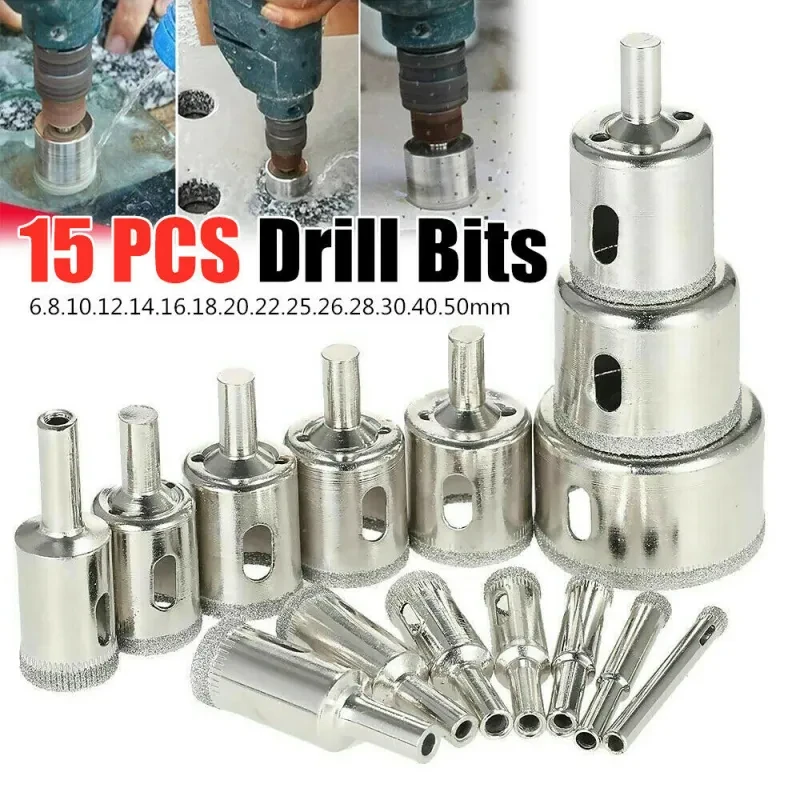 CMCP 15PCS Diamond Drill Bit Set 3–60mm Hole Saw for Tile & Glass