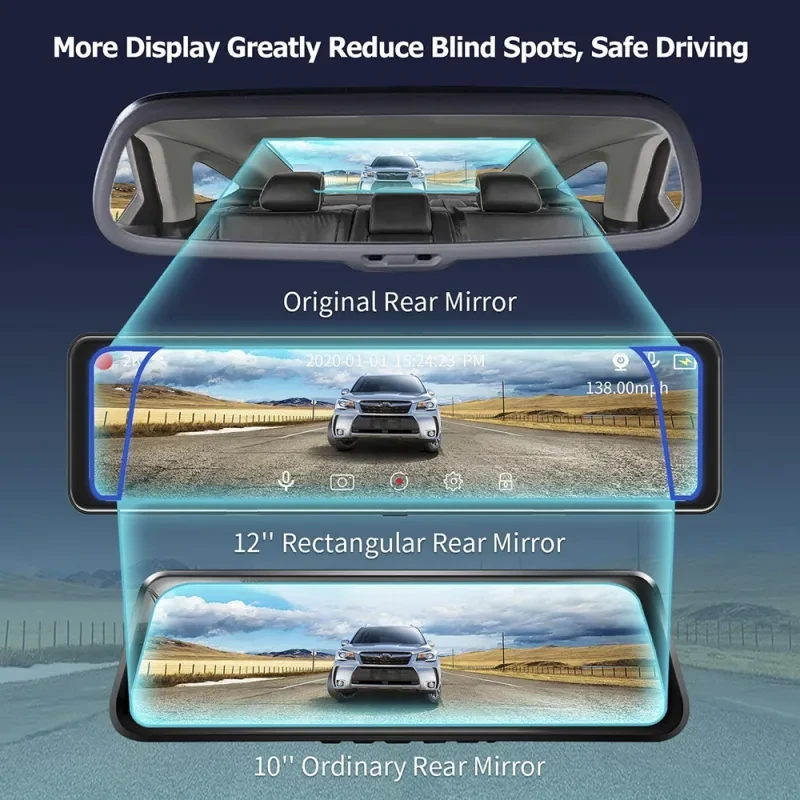 Full Touch 12-Inch Car DVR – 2K Dash Cam with Night Vision & Loop Recording