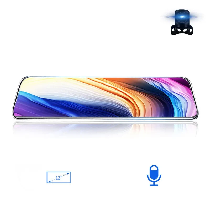 Voice-Activated 12-Inch Car DVR – Rearview Mirror Dual Camera