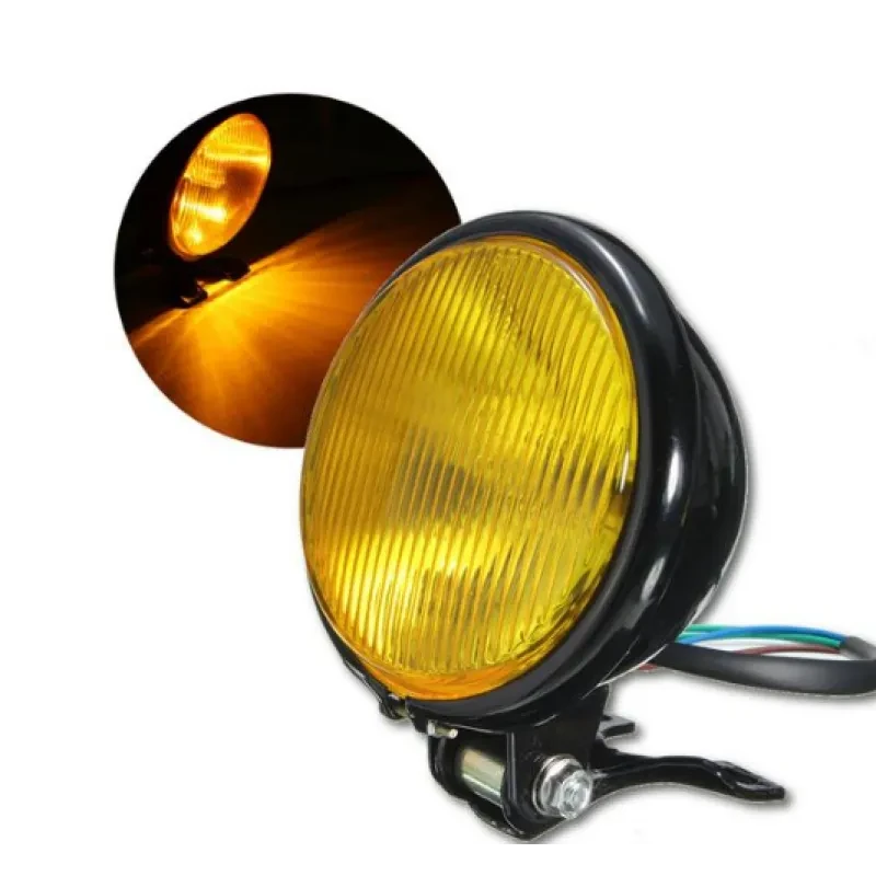 NightGlow Round Motorcycle Headlight – Black Body & Amber Lens