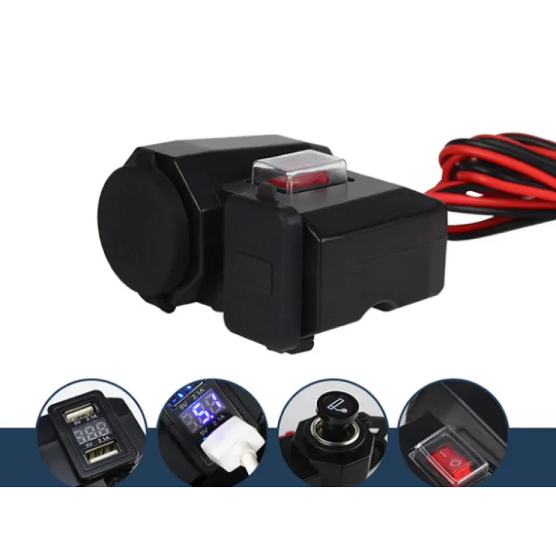 Dual USB Waterproof Power Socket with Voltage Display for Motorbikes