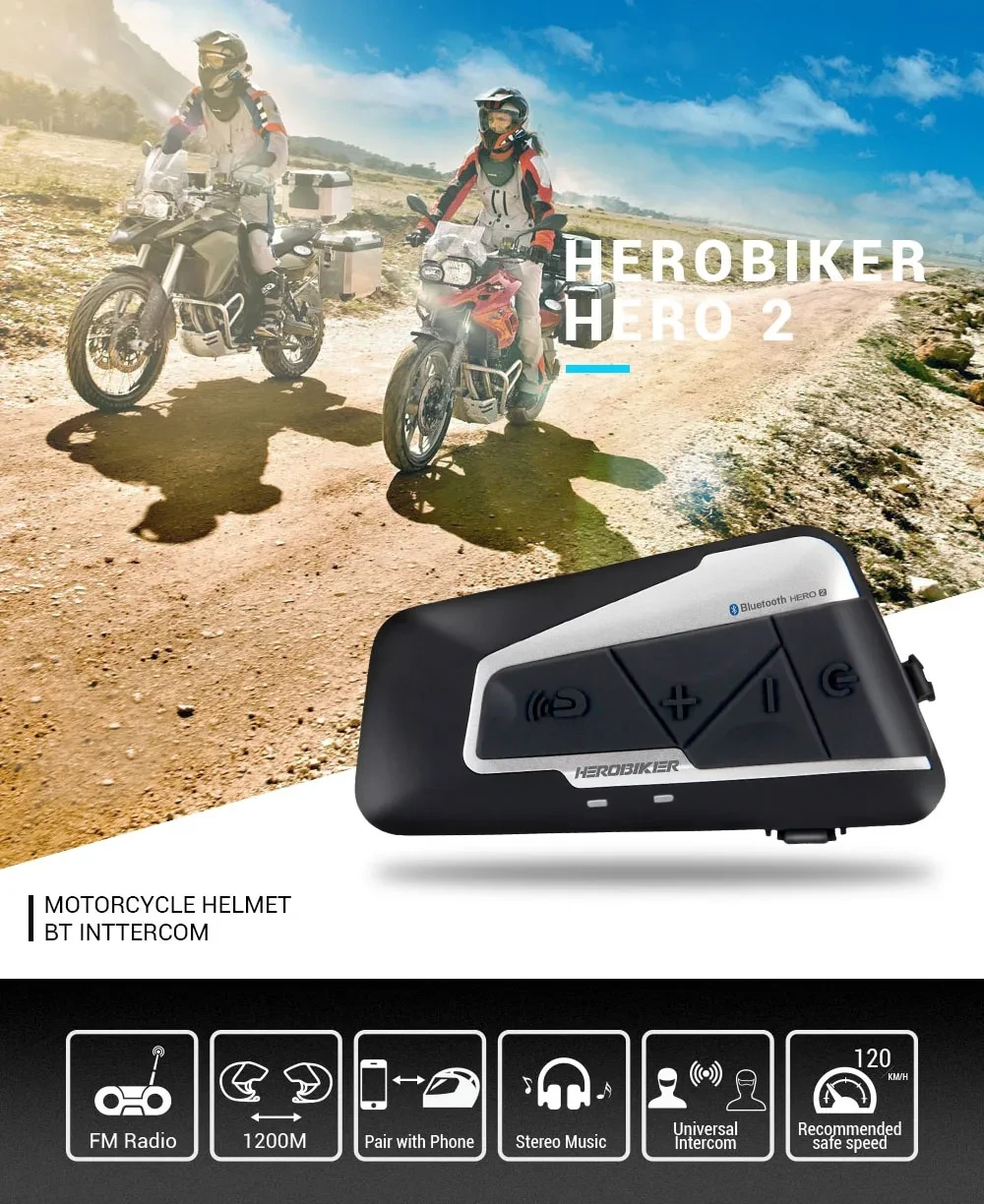 HEROBIKER 1200M – Waterproof Bluetooth Intercom for Motorcycle Helmets