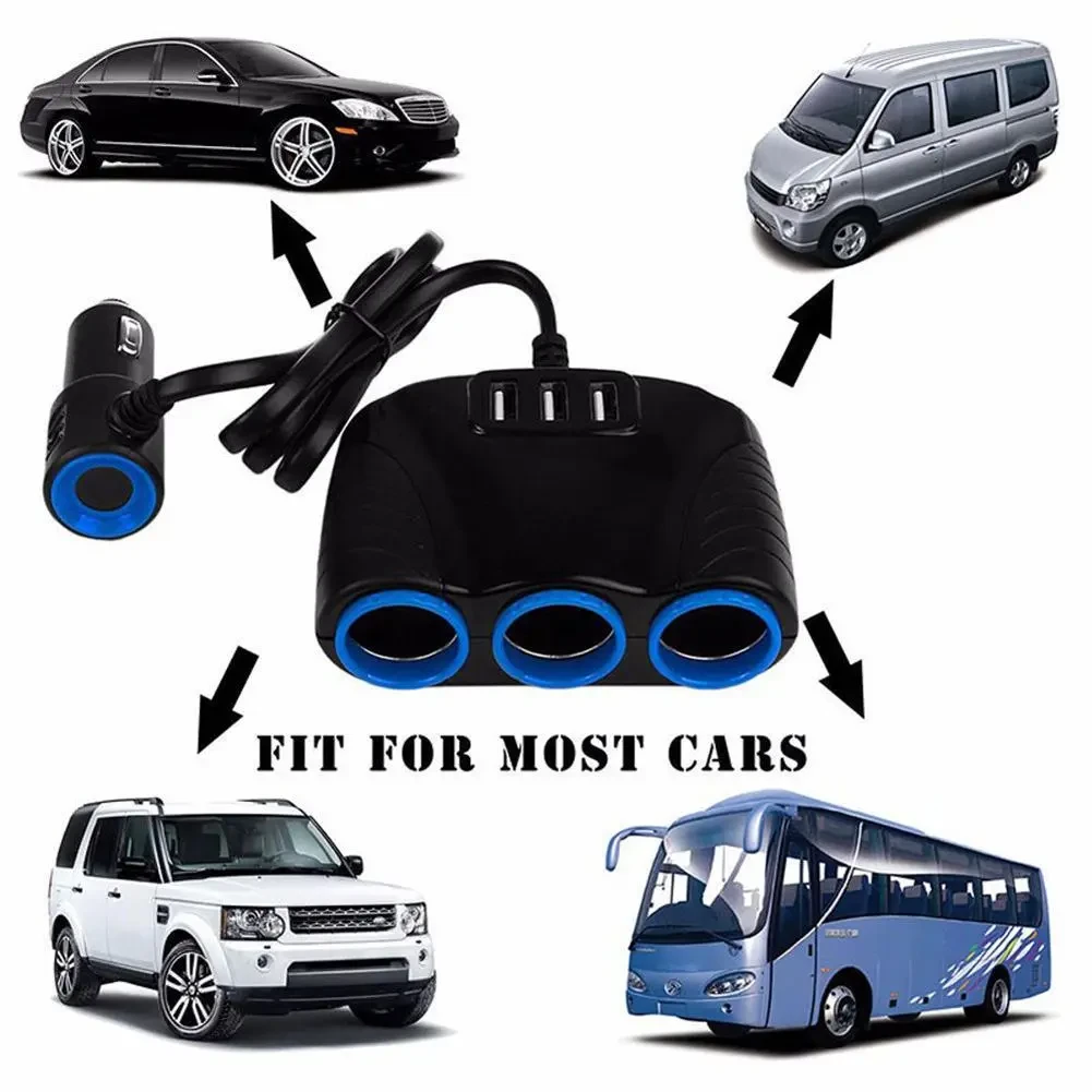 High Power Car Charger with Triple Socket & Dual USB Ports