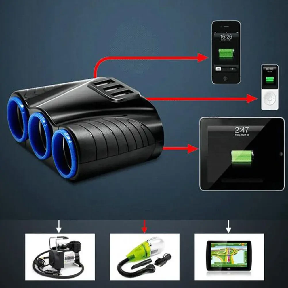 High Power Car Charger with Triple Socket & Dual USB Ports