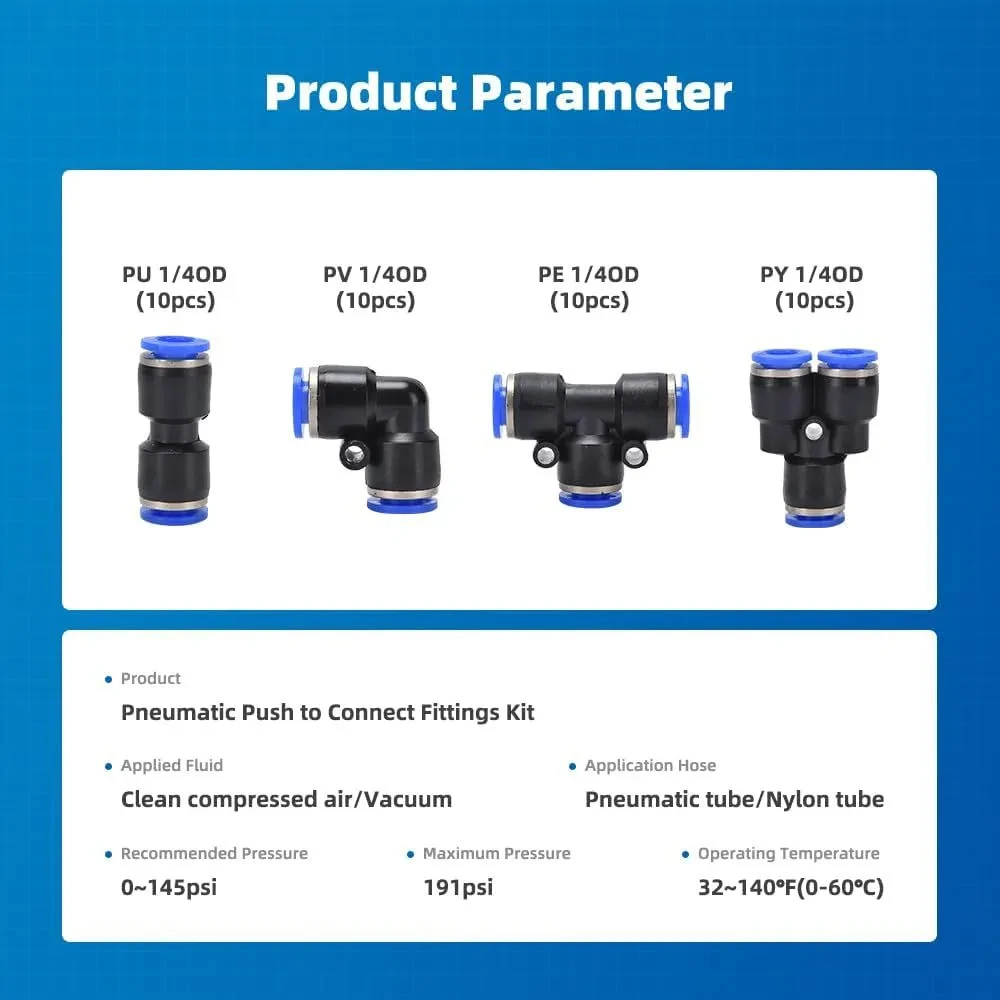 Quick Release Pneumatic Push-In Connector – 1/4" Nylon Fittings Set