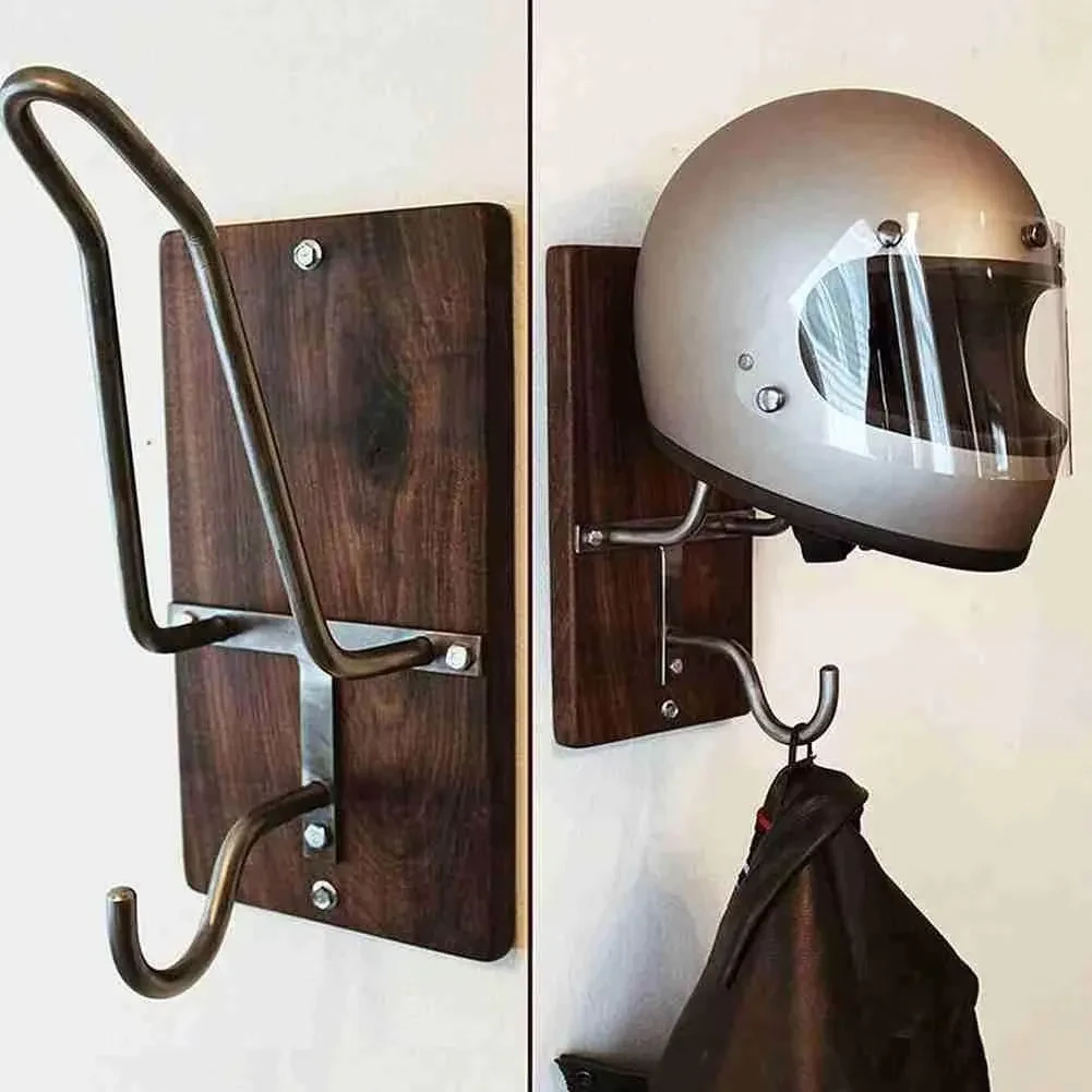Modern Wooden Helmet Rack with Double Wall Hooks