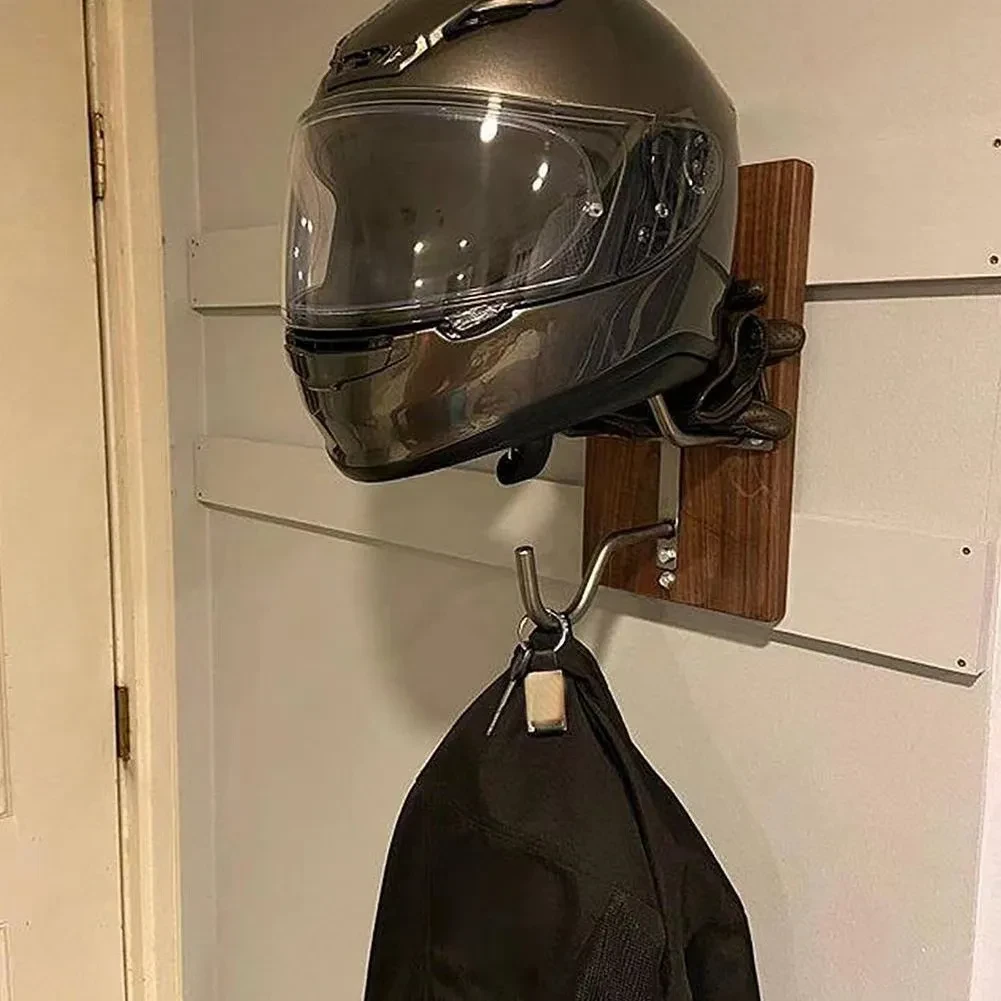 Modern Wooden Helmet Rack with Double Wall Hooks