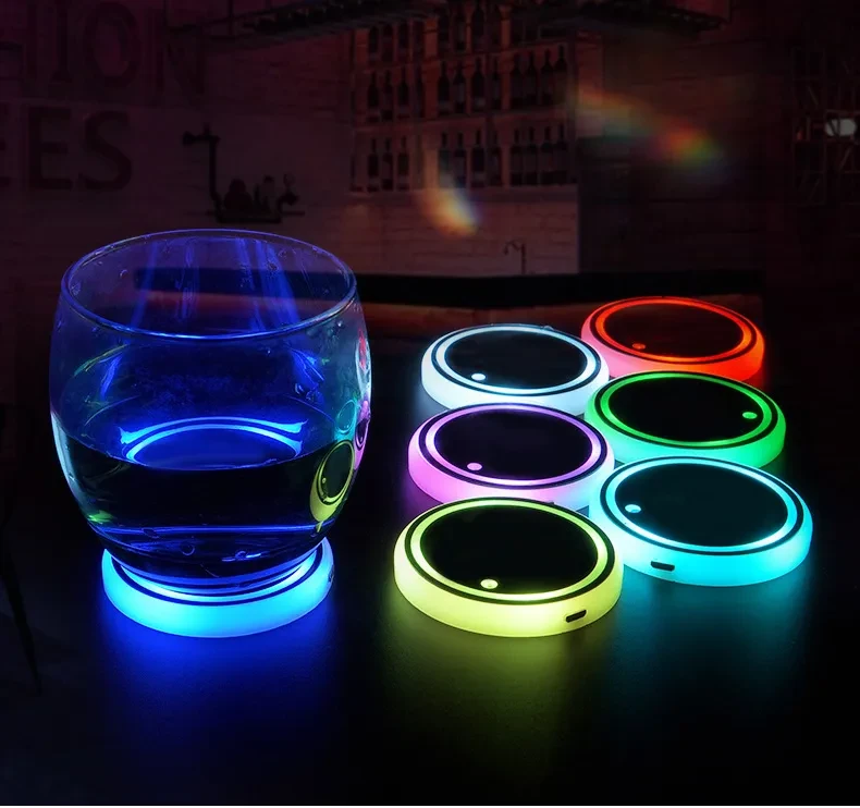 Solar & USB Charging LED Car Cup Coaster - 7 Color RGB Light