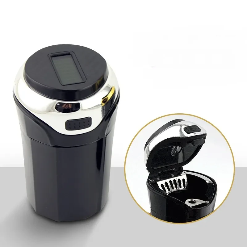 Solar Rechargeable Car Ashtray | LED Light Windproof Stainless Design
