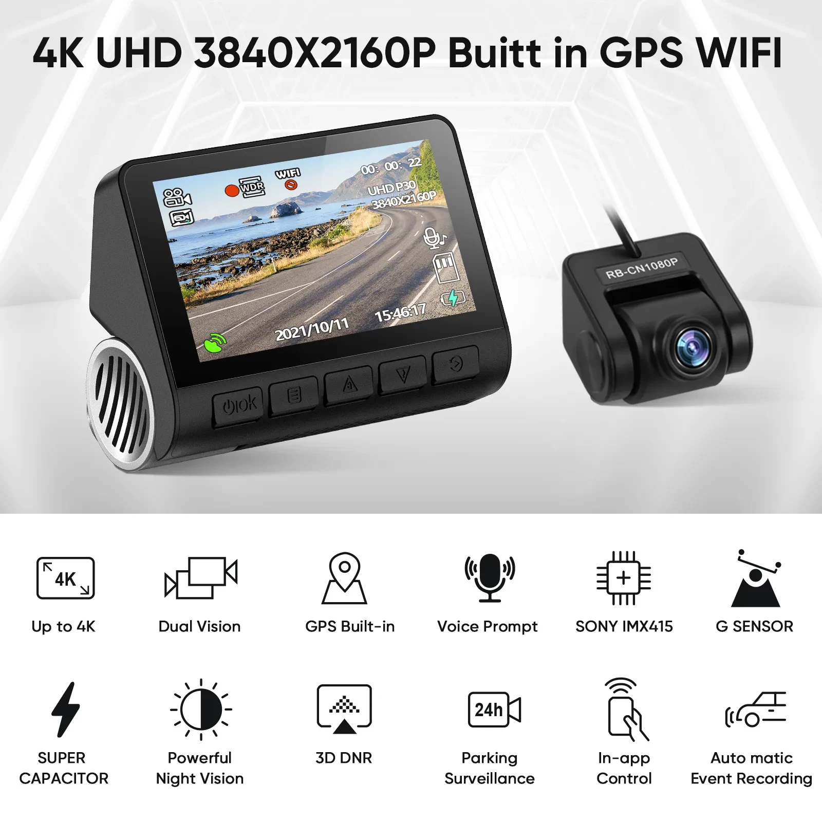 V55 4K Ultra HD Night Vision Dash Cam with Wide 170° Lens