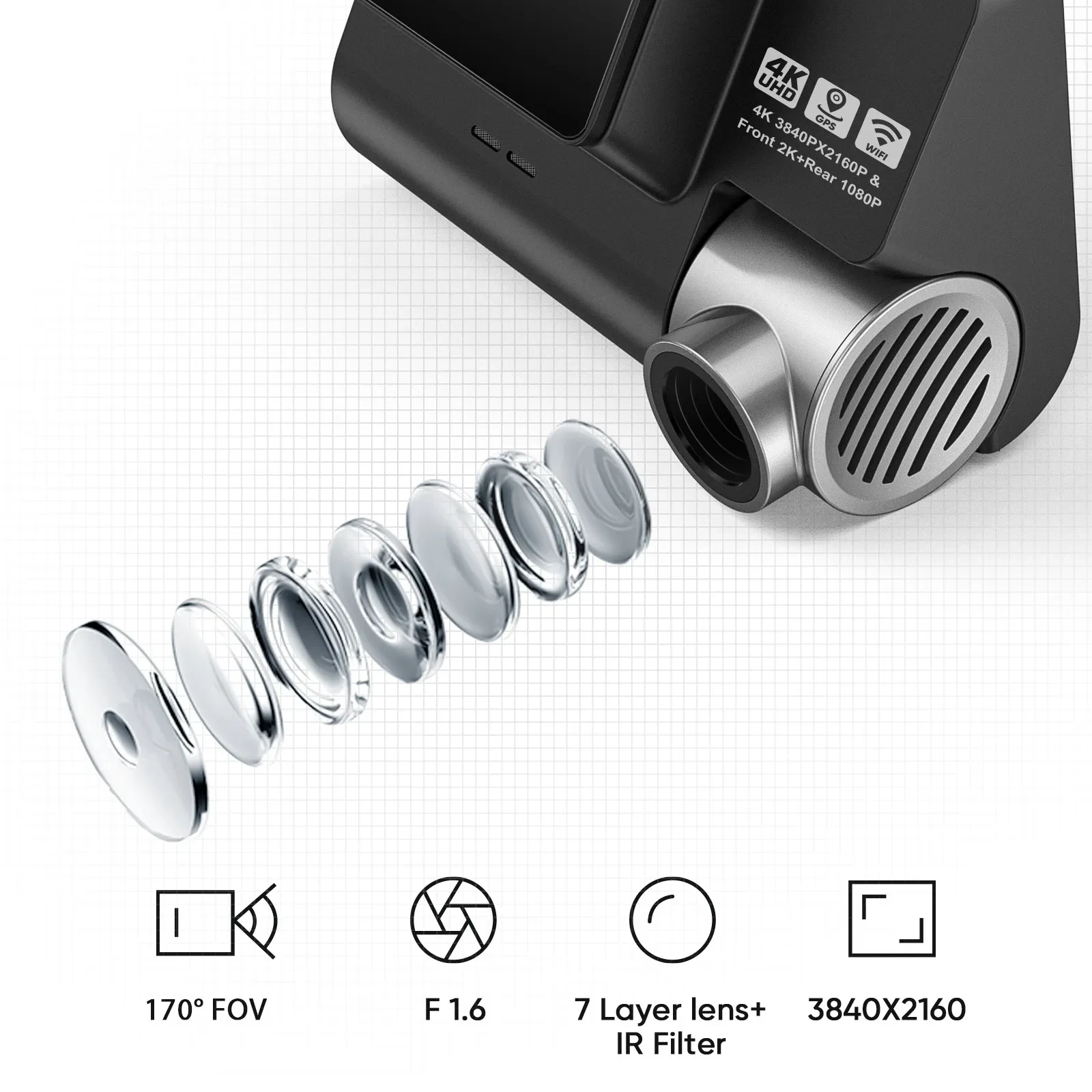 V55 4K Ultra HD Night Vision Dash Cam with Wide 170° Lens