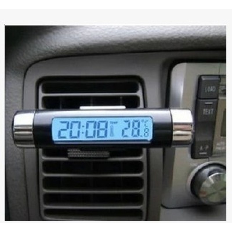 Clip-on LCD Car Clock & Thermometer with Blue Backlight