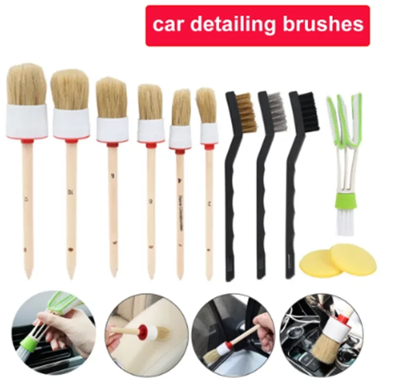 Premium Pig Bristle Round Detailing Brush Set for Car Cleaning