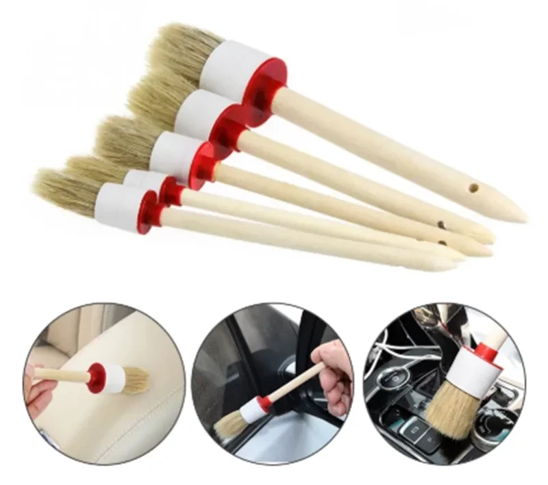 Premium Pig Bristle Round Detailing Brush Set for Car Cleaning