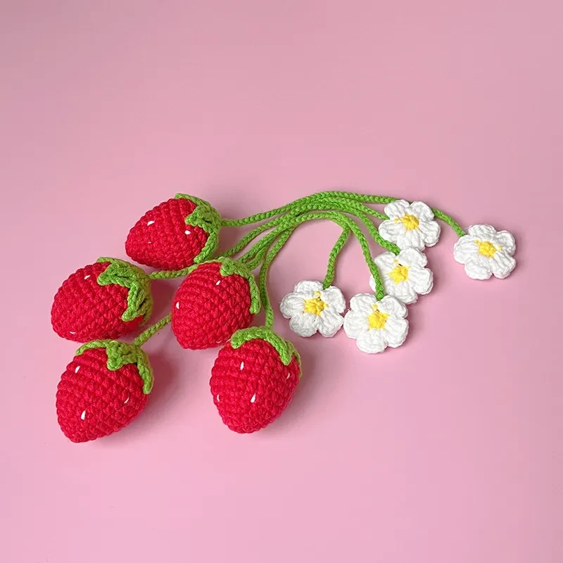 Handmade Wool Crochet Strawberry Pendant Red Pink 35cm Necklace