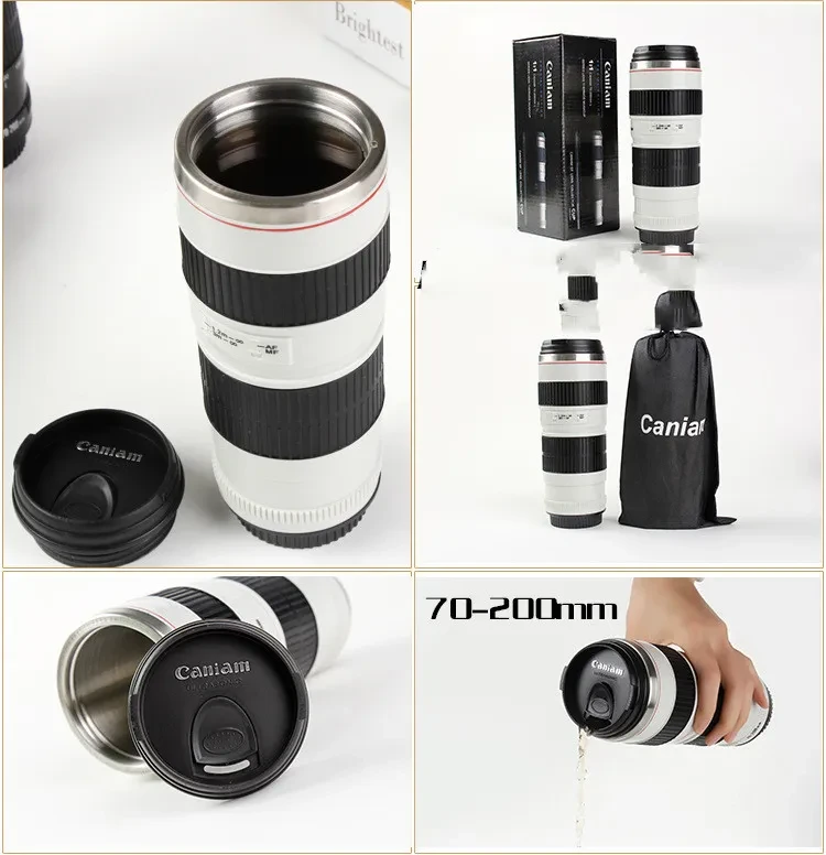 Creative Camera Lens Stainless Steel Cup With Lid 500mL