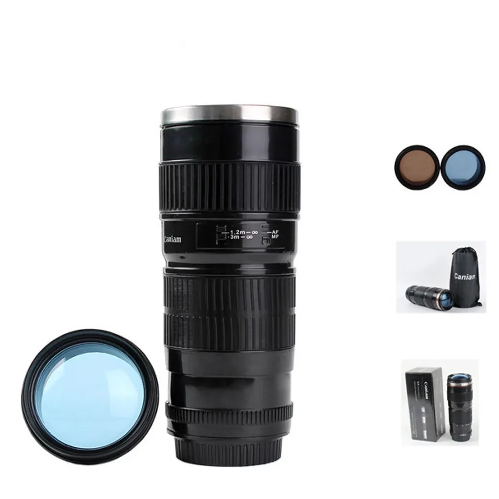Creative Camera Lens Stainless Steel Cup With Lid 500mL