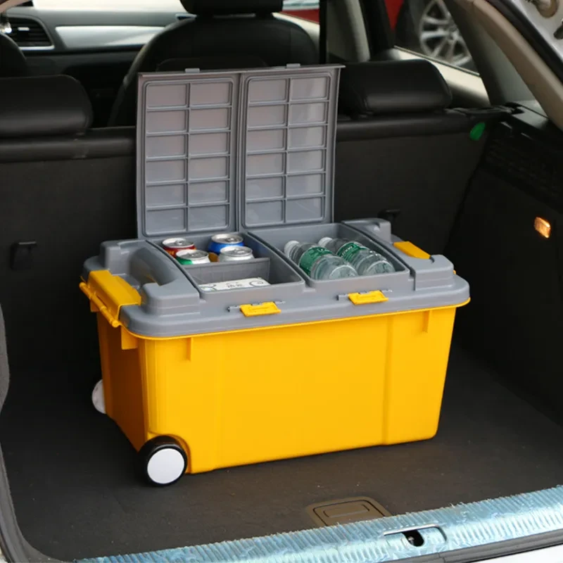 55L High-Strength Plastic Storage Box with Trolley & Double Cover