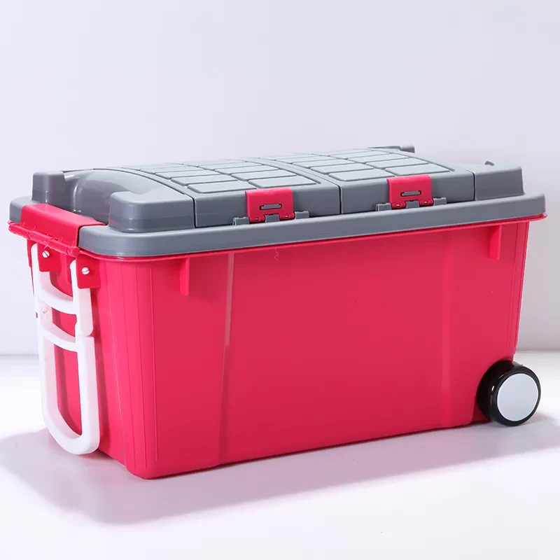 55L High-Strength Plastic Storage Box with Trolley & Double Cover