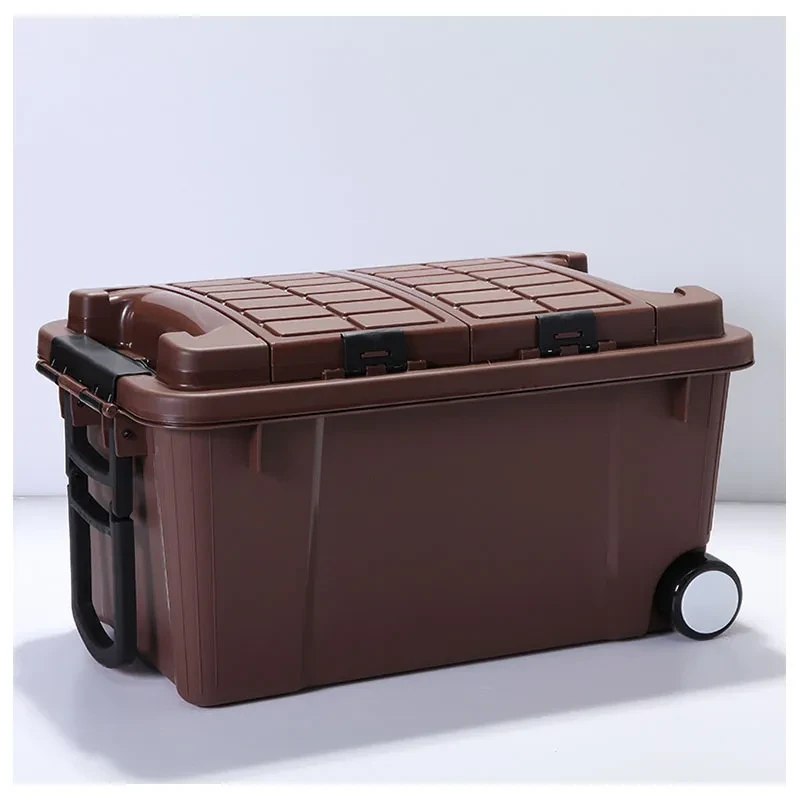 55L High-Strength Plastic Storage Box with Trolley & Double Cover