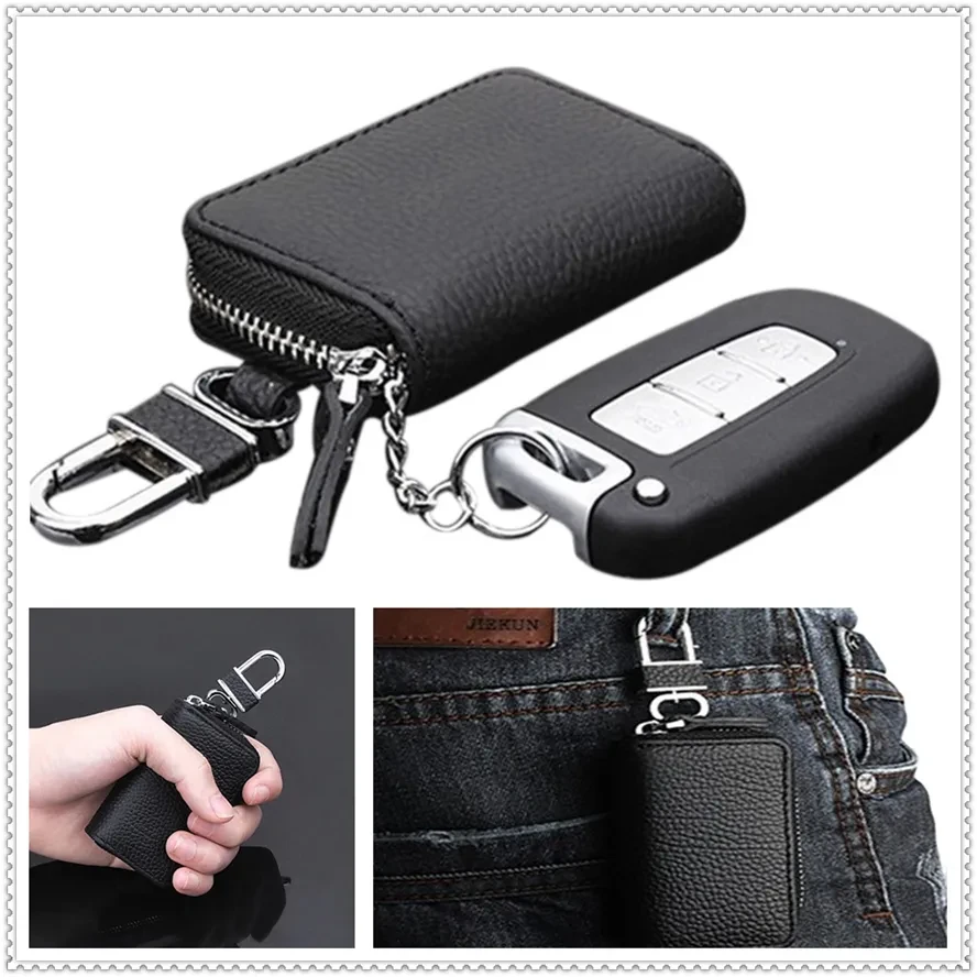 Premium Litchi-Texture Leather Zipper Key Case with 360° Swivel Hook