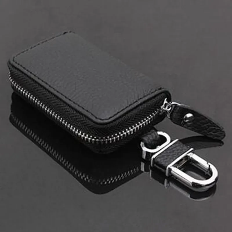 Premium Litchi-Texture Leather Zipper Key Case with 360° Swivel Hook
