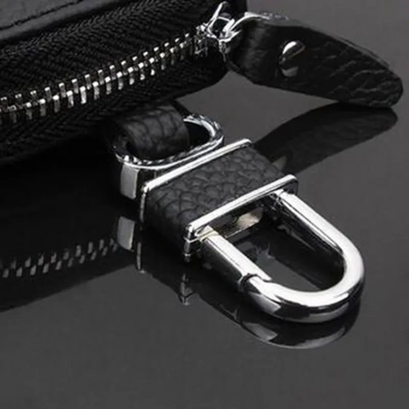 Premium Litchi-Texture Leather Zipper Key Case with 360° Swivel Hook