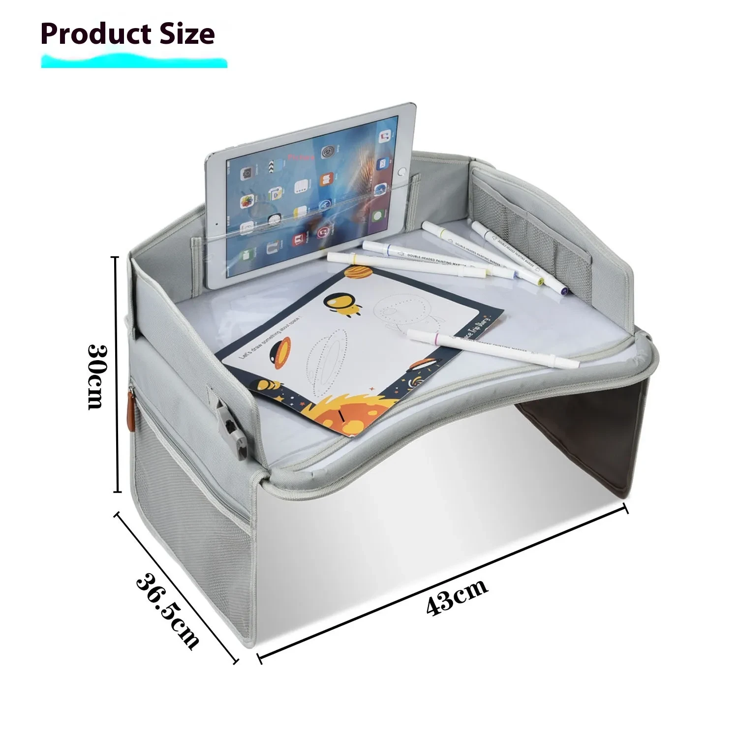 Gray Portable Car Safety Seat Tray for Meals, Games & Drawing