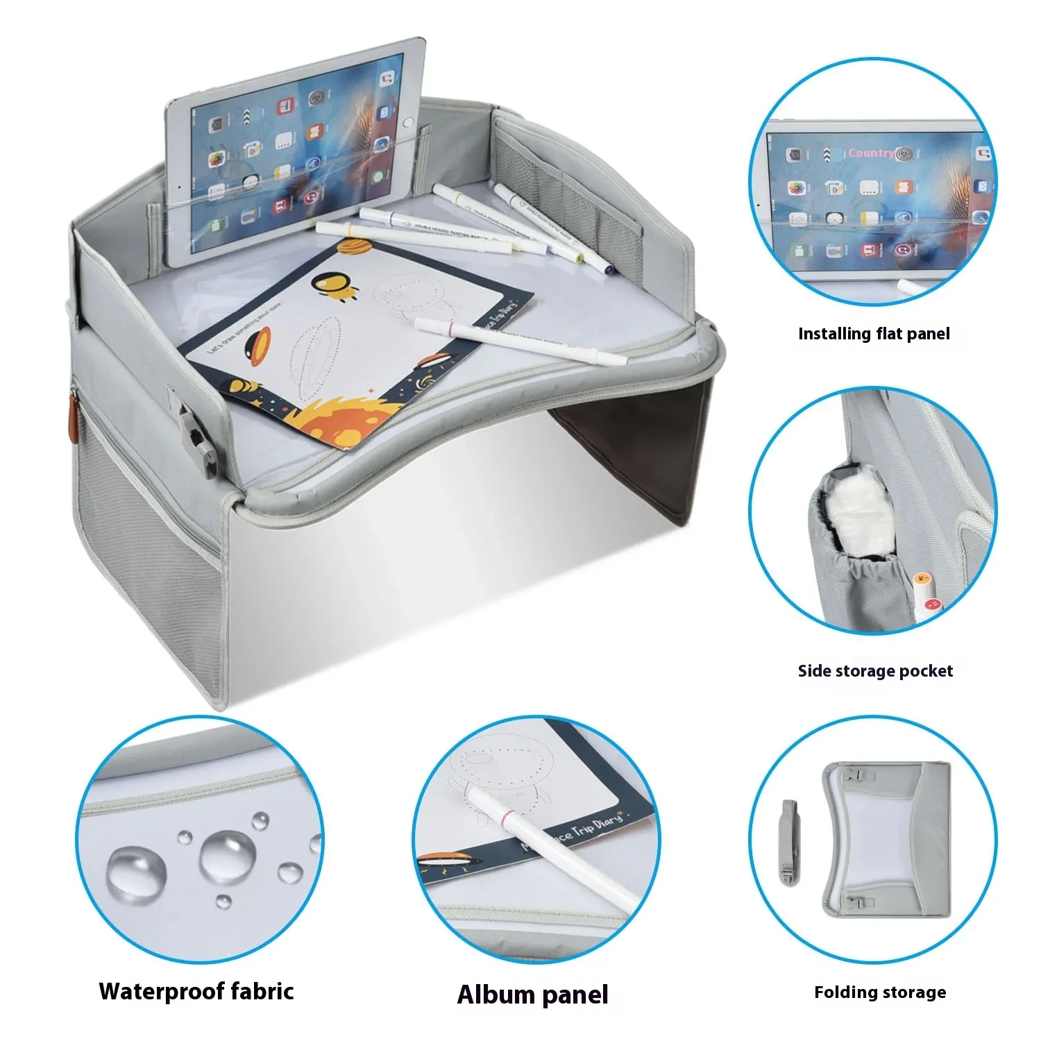 Gray Portable Car Safety Seat Tray for Meals, Games & Drawing