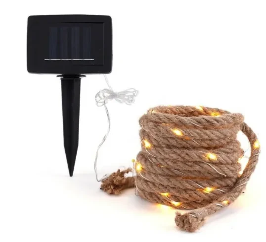 Solar Hemp Rope LED String Light with Remote Timer Warm Yellow