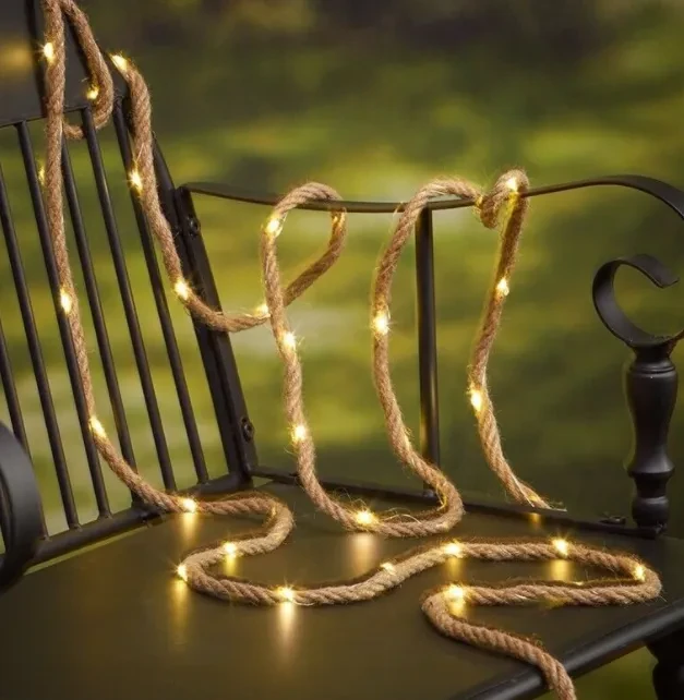 Solar Hemp Rope LED String Light with Remote Timer Warm Yellow