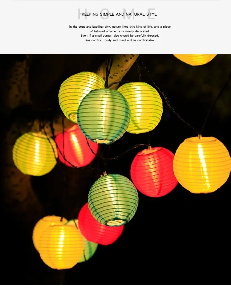 Colorful Solar-Powered Fabric Lantern String Lights for Outdoors