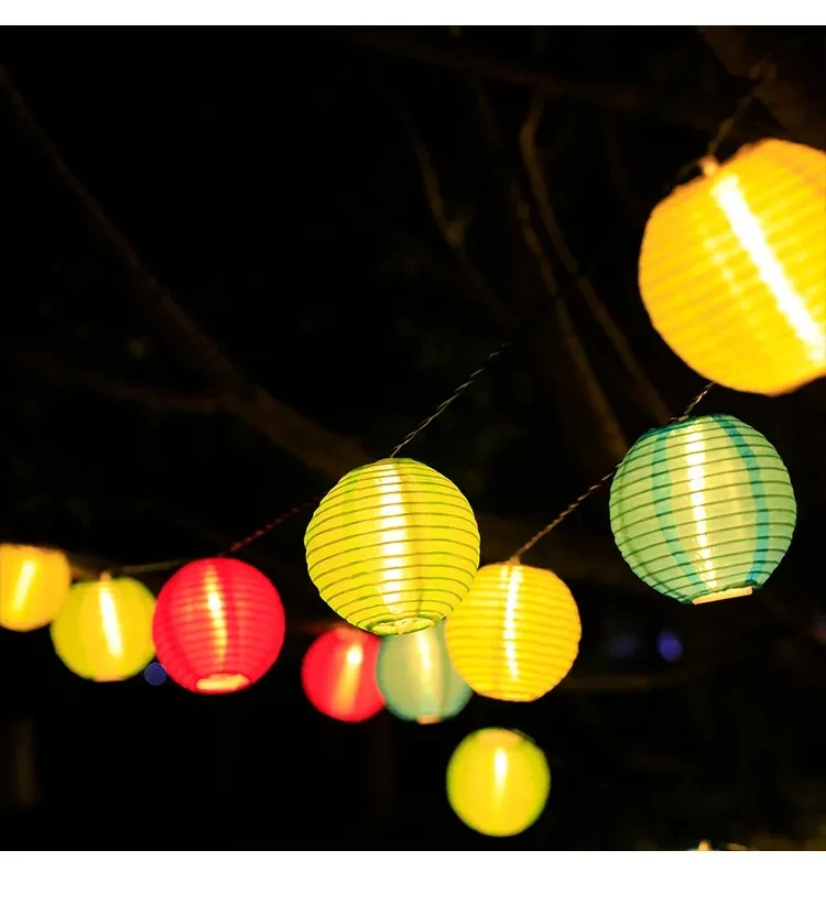 Colorful Solar-Powered Fabric Lantern String Lights for Outdoors