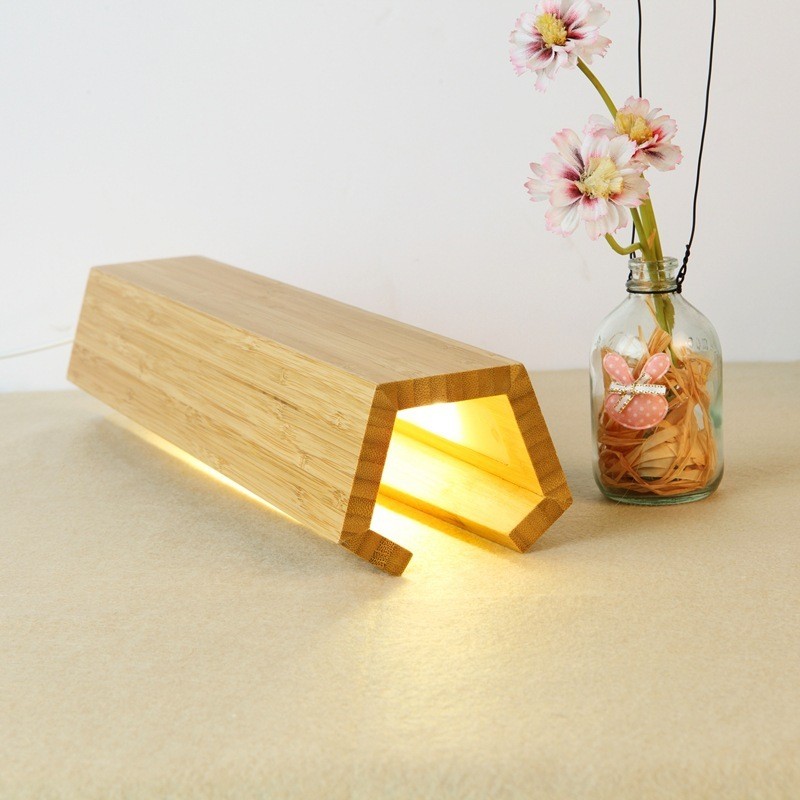 Wooden Pentagonal LED Lamp with Bamboo Shade for Bedroom & Study