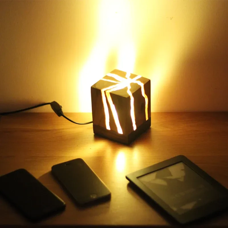 Crack Night Lamp – Creative Wooden Bedside LED Lamp with USB