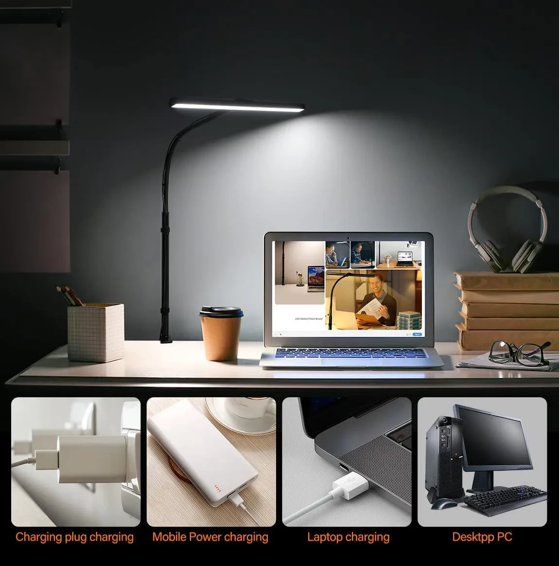 USB Double-Head LED Desk Lamp Clamp Eye Protection Office Light