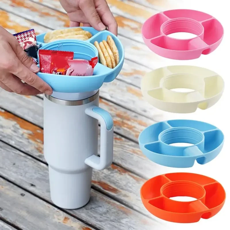 Silicone Snack Tray for 40 oz Cup – 4-Compartment Reusable Snack Bowl for Stanley Tumbler, Food Holder Platter