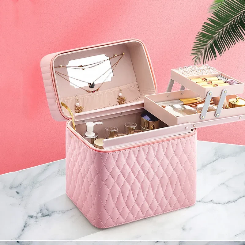 Large Capacity Korean Style Portable Cosmetic Storage Box – Professional Quilted PU Leather Makeup Case with Mirror, Travel Cosmetic Bag for Women